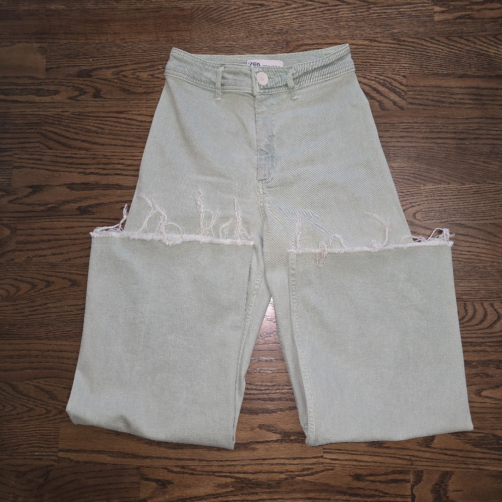 Zara Green Flare Wide Leg Jeans Size USA 0
